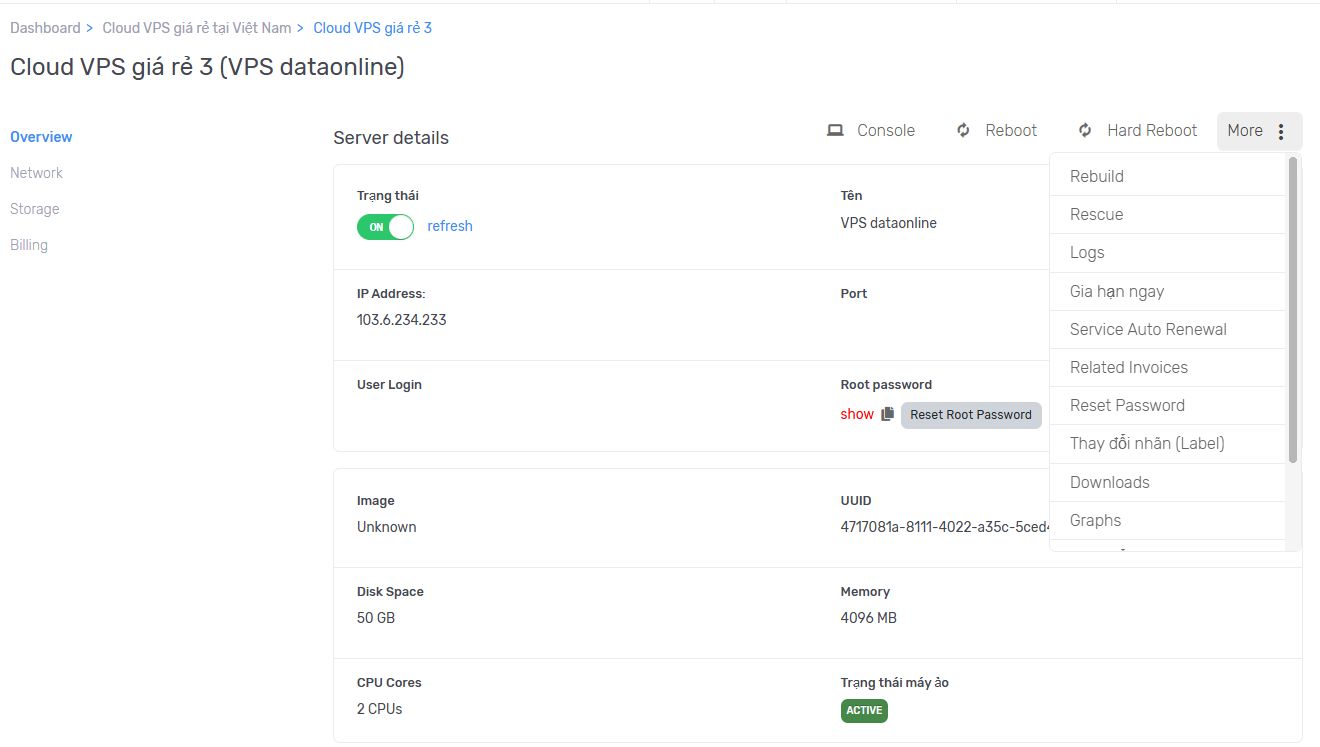 Bảng quản trị VPS tại DataOnline
